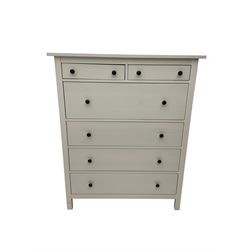 IKEA - 'Hemnes' white finish straight-front chest, fitted with two short and four long drawers; and IKEA - 'Hemnes' pair white finish bedside chests, fitted with two drawers