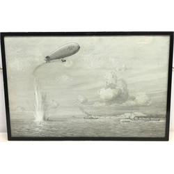  E L Ford, 'Rough Sketch' British Air Ship SSZ 56 bombing a submarine, watercolour hightened with white, titled and signed EL.Ford '18, 39cm x 59cm  