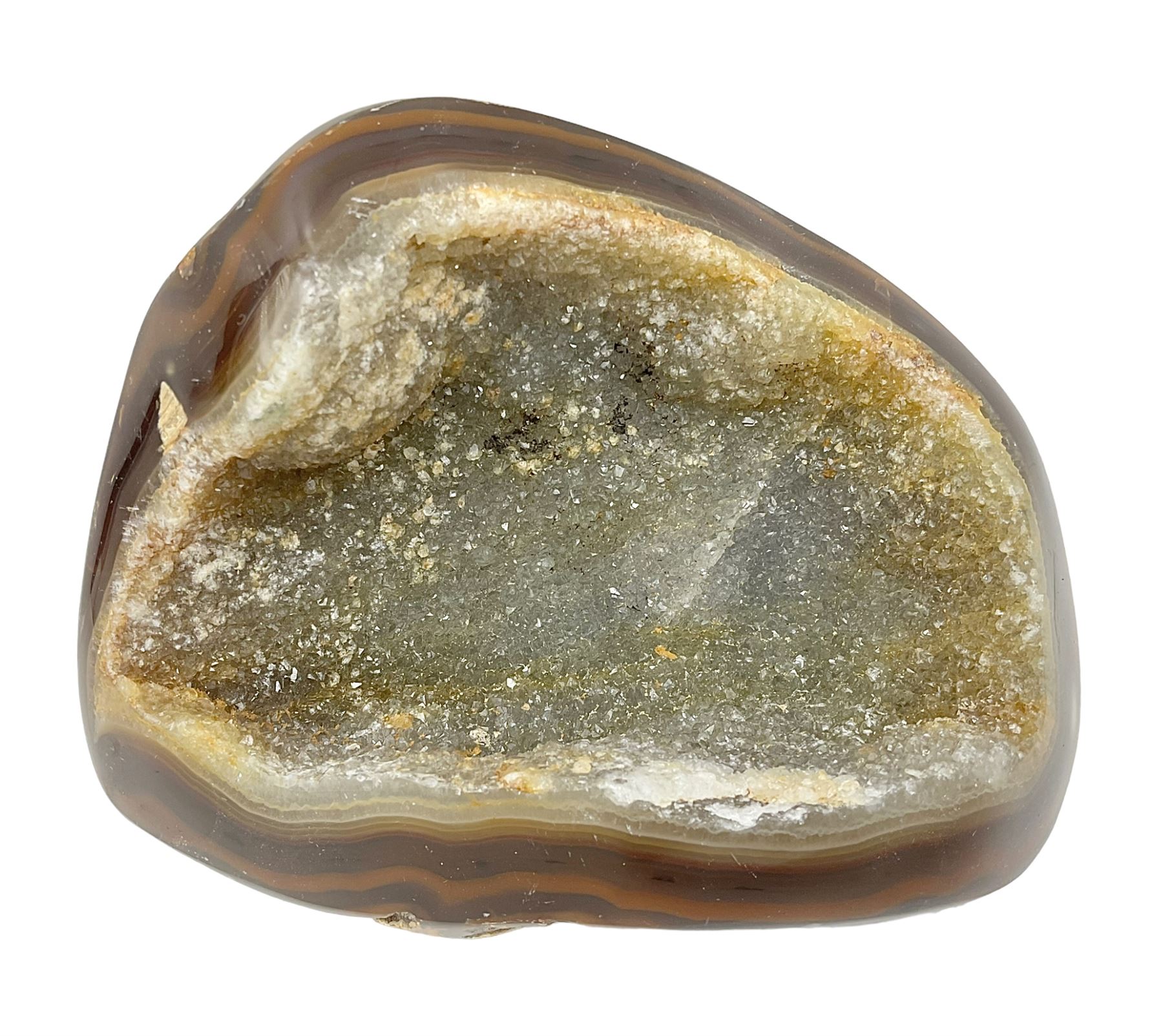 Agate crystal geode cluster, with crystals to the centre, in brown and grey tones, H7cm 