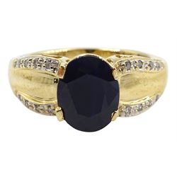 14ct gold oval sapphire ring, with diamond set shoulders, stamped 14K, sapphire approx 2.75 carat