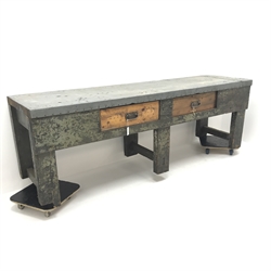  Large workshop bench, lead covered top, two drawers, W246cm, H83cm, D67cm  