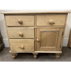 Victorian pine side cabinet, fitted with four drawers and single cupboard, turned supports