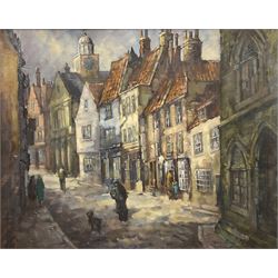 Donald Gray Midgely (British 1918-1995): 'Church Street in Winter - Whitby North Yorkshire', oil on board signed and dated '72, titled verso 39cm x 50cm 
Notes: Midgley was born in Halifax, moved to Whitby after his mother Lottie died. Lived at 2 Salt Pan Steps.
