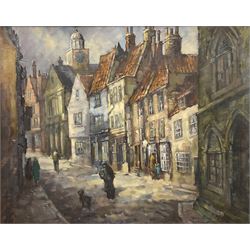 Donald Gray Midgely (British 1918-1995): 'Church Street in Winter - Whitby North Yorkshire', oil on board signed and dated '72, titled verso 39cm x 50cm 
Notes: Midgley was born in Halifax, moved to Whitby after his mother Lottie died. Lived at 2 Salt Pan Steps.