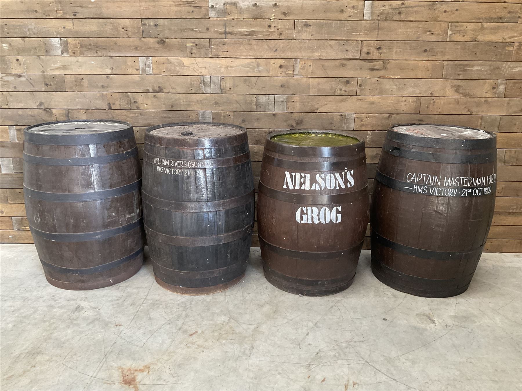 Four coopered barrel pub tables 