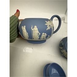 Wedgwood Jasperware tea and coffee wares, comprising teapot, coffee pot, milk jug, covered sucrier, coffee can and saucer and teacup and saucer 