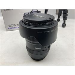 Canon Eos 7D camera body, serial number 3261306344, with 'Canon Ultrasonic EF 24-105mm Macro 0.45m/1.5ft Ultrasonic' Lens, 'Canon Zoom EF 75-300, 1;4-5.6 III' lens and Teleplus Pro 300 lens, together with tripod and original camera box 