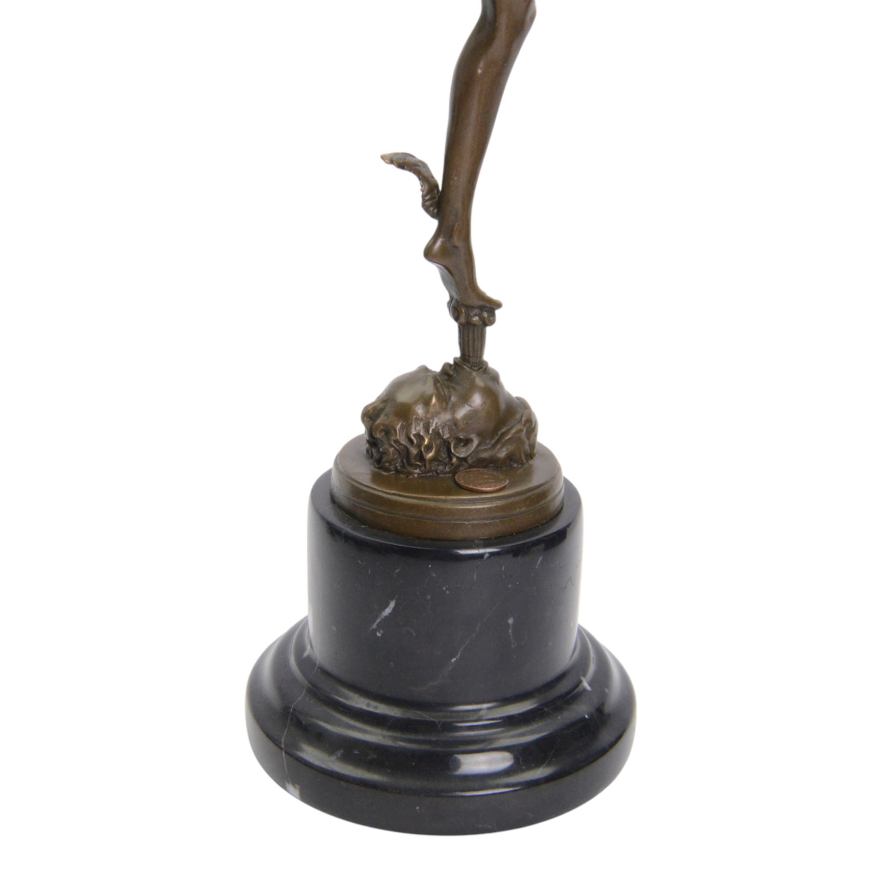 After Giambologna (Flemish 1529-1608): Bronze figure of Mercury holding a caduceus, on black marble base H43cm