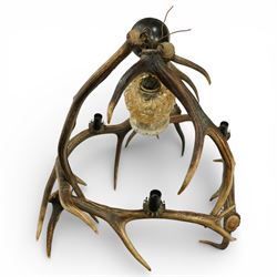 Antlers/Horns - Deer antler chandelier, of circular form, with three fitted lights, H77cm 