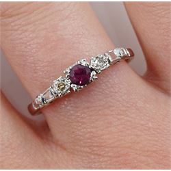 Gold ruby and diamond three stone ring, stamped 18ct Plat