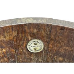 RA Lister & Co, Dursley - early 20th century oak jardinière plant stand, coopered barrel on three splayed supports united by undertier 