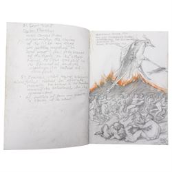 John Gilbey Bowles (British 1929-2011): Artist's Sketchbook - Surreal Art History Conversations, sketchbook containing thirty-four pages of pencil pastel and mixed media sketches of an art historical theme with interactions between famous paintings by different hands, most signed and dated 2008
Notes: examples include Edvard Munch's 'The Scream' reacting to a drawing by LS Lowry of street fighting; Albrecht Durer's drawing of a man dreaming of the Matisse line drawing; Hieronymus Bosch's 'The Last Judgment (detail) overseeing 'the Bacchanale Anglais' by Thomas Rowlandson; Toad of Toad Hall from the Wind in the Willows singing the praises of Henry VIII by Hans Holbein; a drawing by Leonardo Da Vinci admiring the humour in the drawing by LS Lowry; a Henry Moore drawing dreaming of a Thomas Rowlandson composition etc.