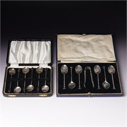 Set of six silver seal top coffee spoons and tongs Sheffield 1924 Maker Cooper Bros & Sons...
