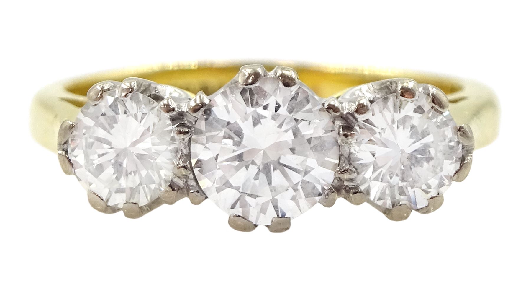 18ct gold three stone round brilliant cut diamond ring, stamped total diamond weight approx 0.95 carat 
