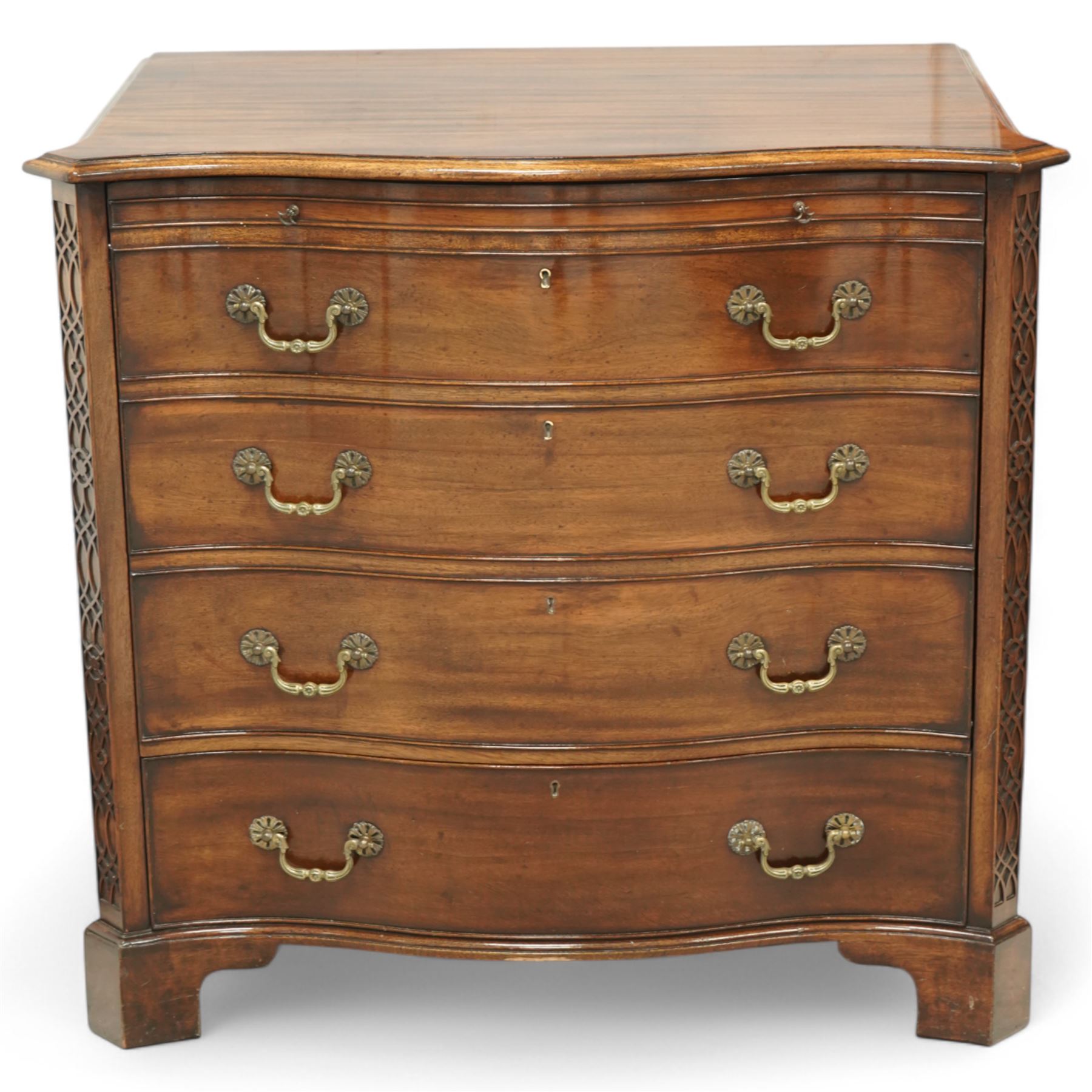 Television cabinet in the form of a Georgian mahogany serpentine chest, flanked by blind fret work decoration, retractable hinged dummy drawer panel revealing interior, with brass swan neck handles, supported on bracket feet 