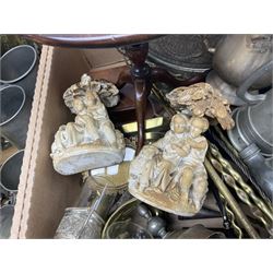 Quantity of metal ware to include silver-plate, brass and copper, to include horn, candlesticks, fire companion, together with miniature table with folding top, mirror, candelabras, pewter etc in two boxes