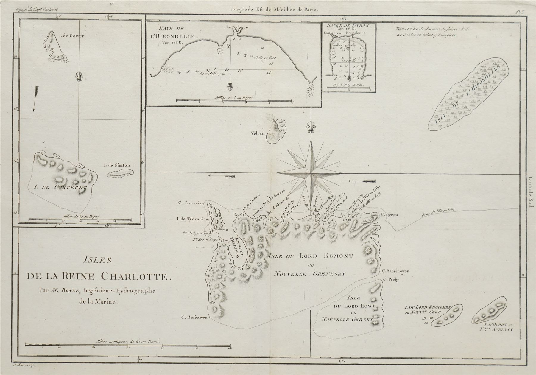 Rigobert Bonne (French 1727-1795): 'Isles de la Reine Charlotte', 18th century engraved map of the Queen Charlotte Islands (Haida Gwaii), engraved by Jean André c.1787, 29cm x 41cm; together with William Alexander (British 1567-1640): 'New Englande New Scotlande', later impression of the 1625 engraved map of New England and Nova Scotia, the first printed map to name Cape Cod, and John Mason (British c.1586-1635): 'Newfound Land', later impression of the 17th century engraved map of Newfoundland, Canada 52cm x 40cm (3) (framed as two)