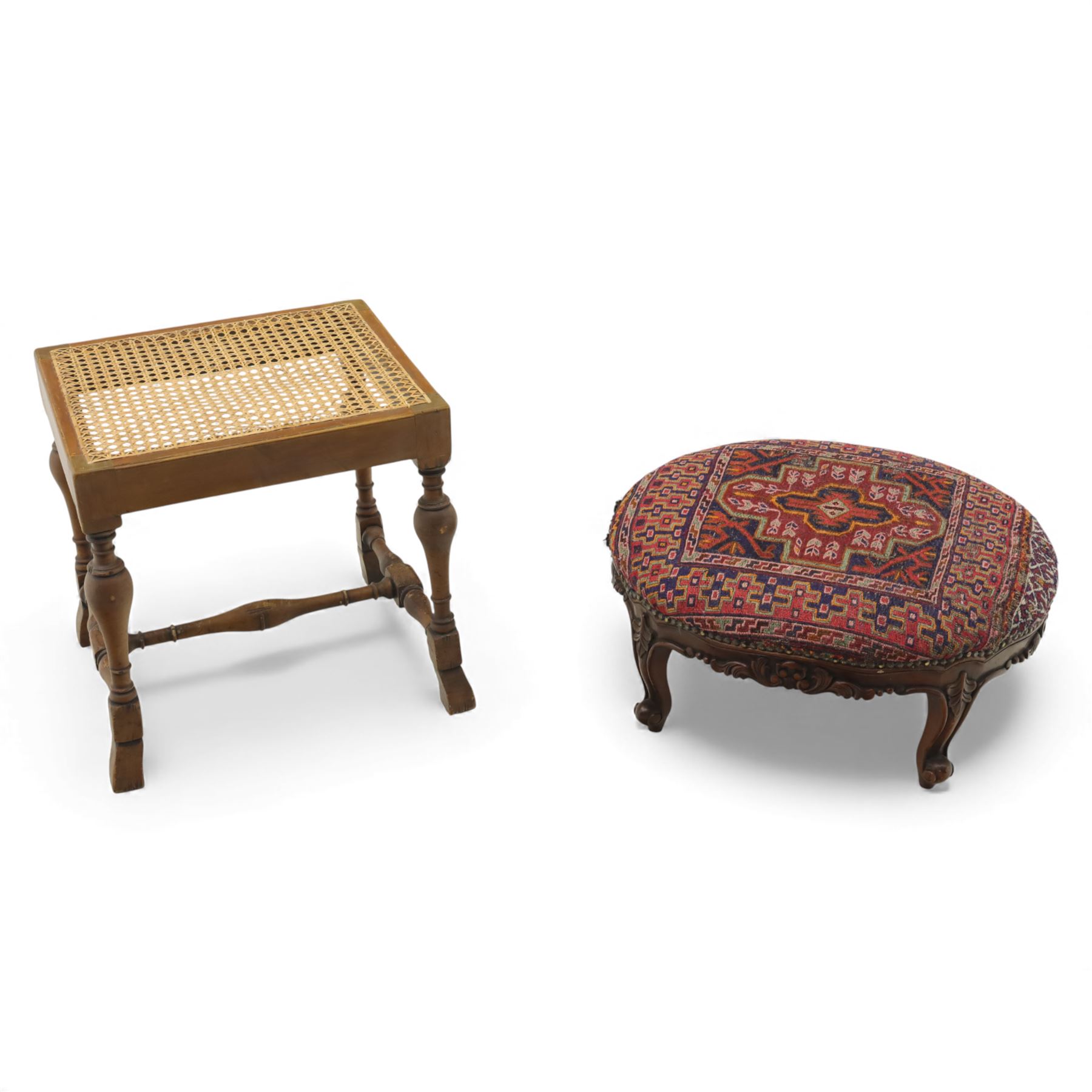 Two upholstered and caned footstools, a late Victorian carved mahogany footstool, oval form upholstered in geometric kilim-style fabric, on cabriole supports (H 27cm, W 56cm, D 47cm), together with a 20th century beech stool, square caned seat on turned supports united by stretchers (H 43cm, W 44cm, D 37cm)