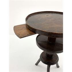 Unusual mid 18th century elm and fruitwood cricket tripod table or candle stand, circular top with raised gallery edge and two slides above undertier, circular platform with three splayed supports