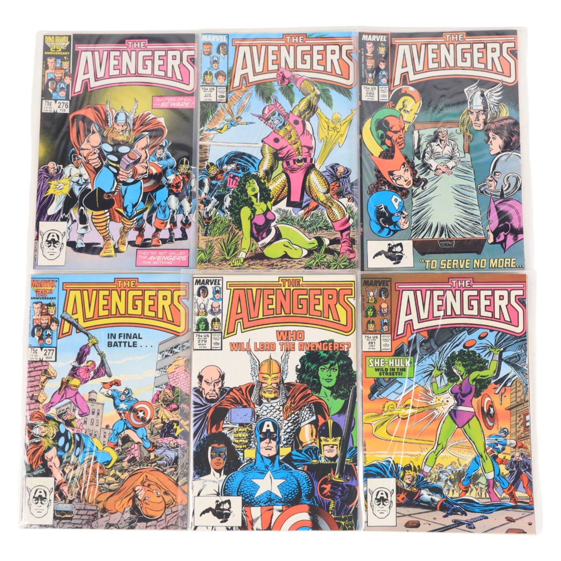 Forty-eight Marvel Bronze/Modern Age 'The Avengers' comic books, spanning years 1985-1990, comprising a continuous run of issues #261-#305 and issues #308, #309, #312 and #326