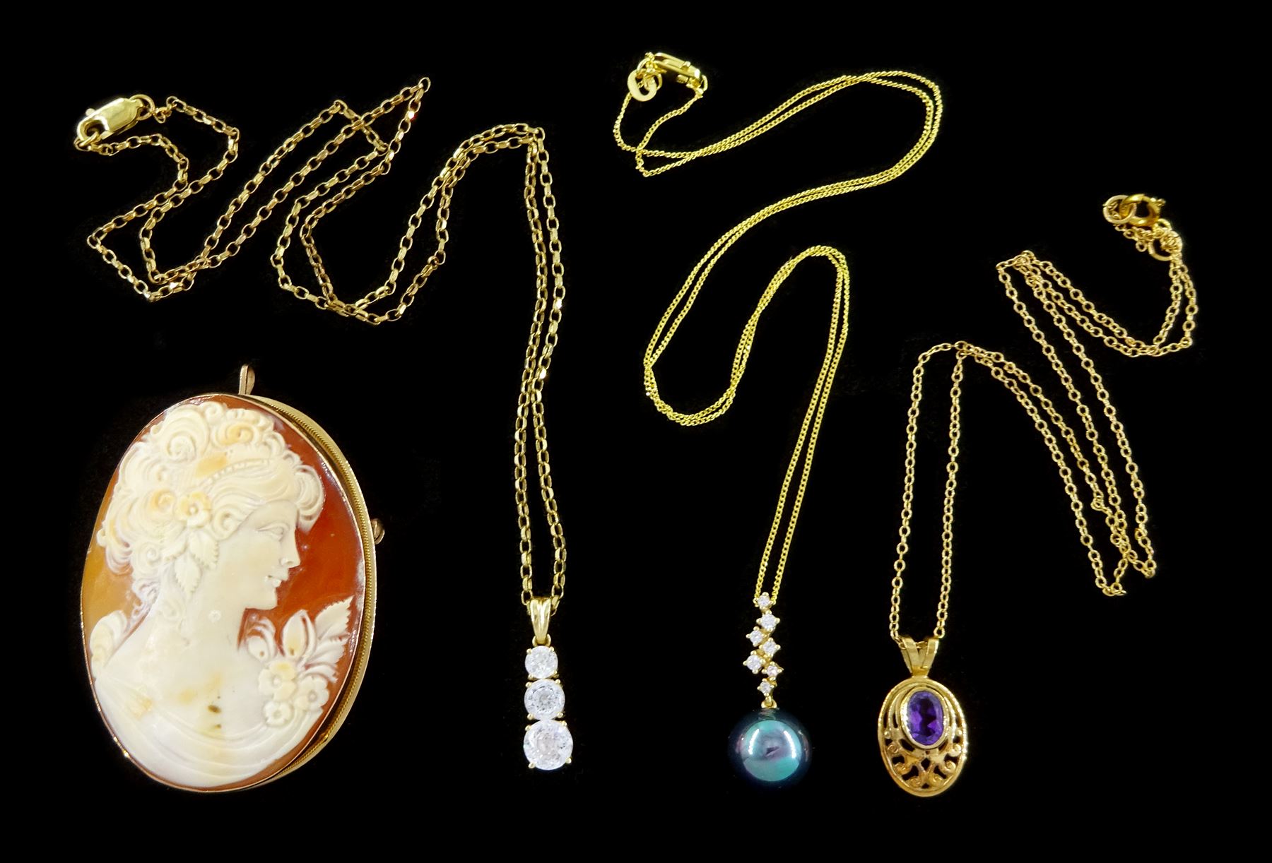 9ct gold amethyst pendant necklace, 14ct gold cubic zirconia pendant, on 9ct gold chain necklace, 14ct gold simulated pearl pendant necklace and a 9ct gold cameo brooch