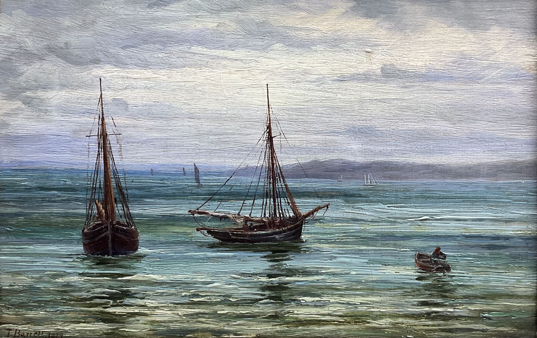 Thomas Barrett (Staithes Group 1845-1924): 'Clovelly Fishing Boats', oil on canvas signed and dated 1879, titled on label verso 14cm x 22cm