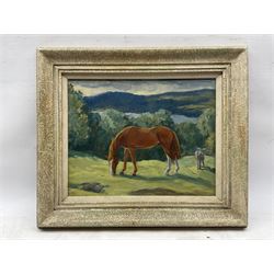 M Garnett (British 20th Century): Grazing Horses ''Ptarmigan' At Grass', oil on canvas signed and dated 1946, titled verso 29cm x 37cm 