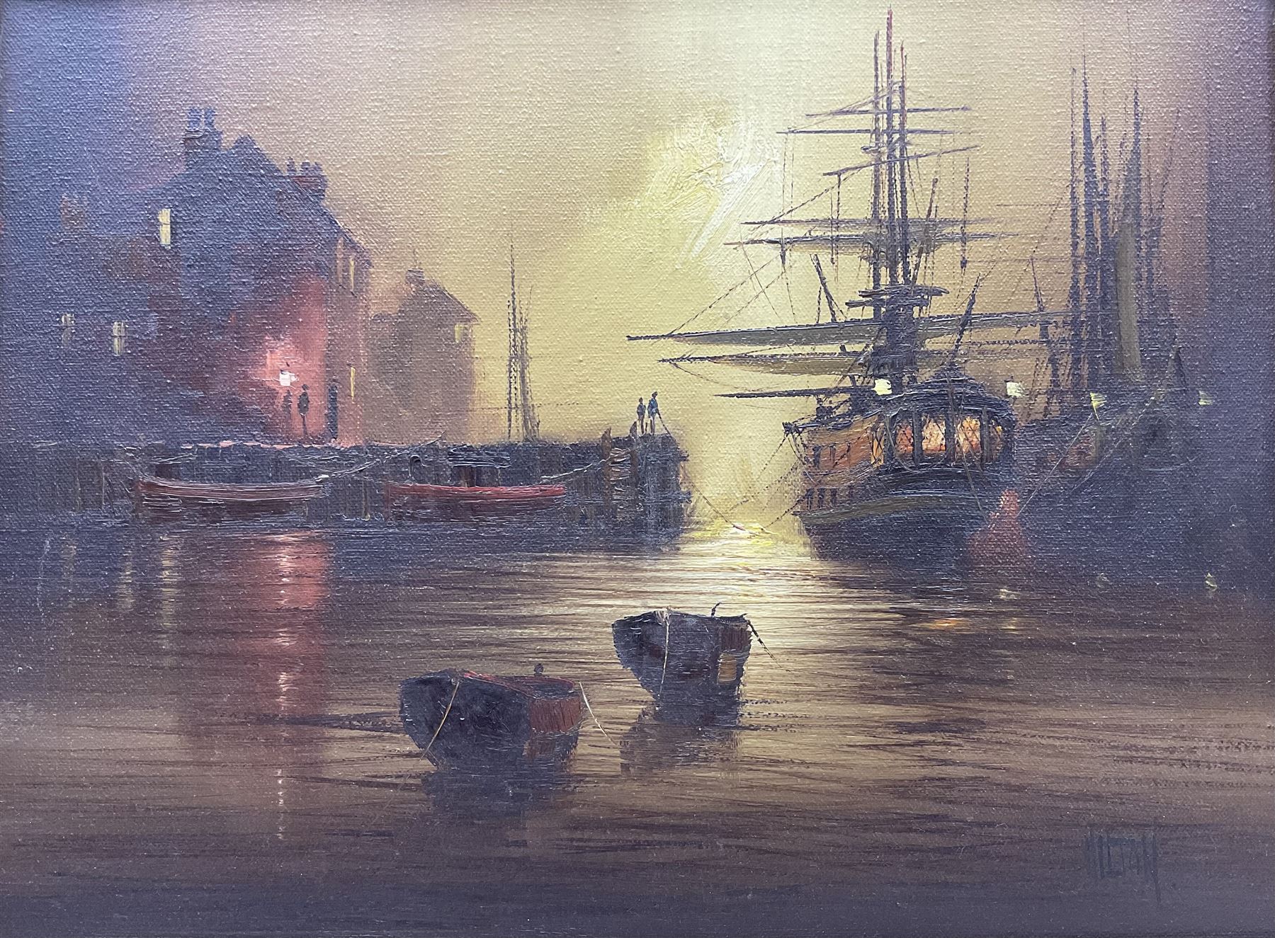 Barry Hilton (British 1941-): Moored Galleons at Night, oil on canvas signed 30cm x 40cm