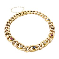 Early 20th century 15ct rose gold diamond, sapphire and ruby curb link bracelet, stamped 15