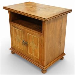 Barker & Stonehouse - ‘Flagstone’ inlaid mango wood television or media cabinet, rectangular moulded top with geometric inlaid panels, open central media shelf over a pair of panelled cupboard doors with inlay and metal ring handles, enclosing fixed shelving, raised on turned bun feet