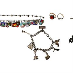 9ct gold stone set ring and silver enamel town badge charm bracelet, cross pendant, ring and heart link bracelet, and a collection of costume jewellery
