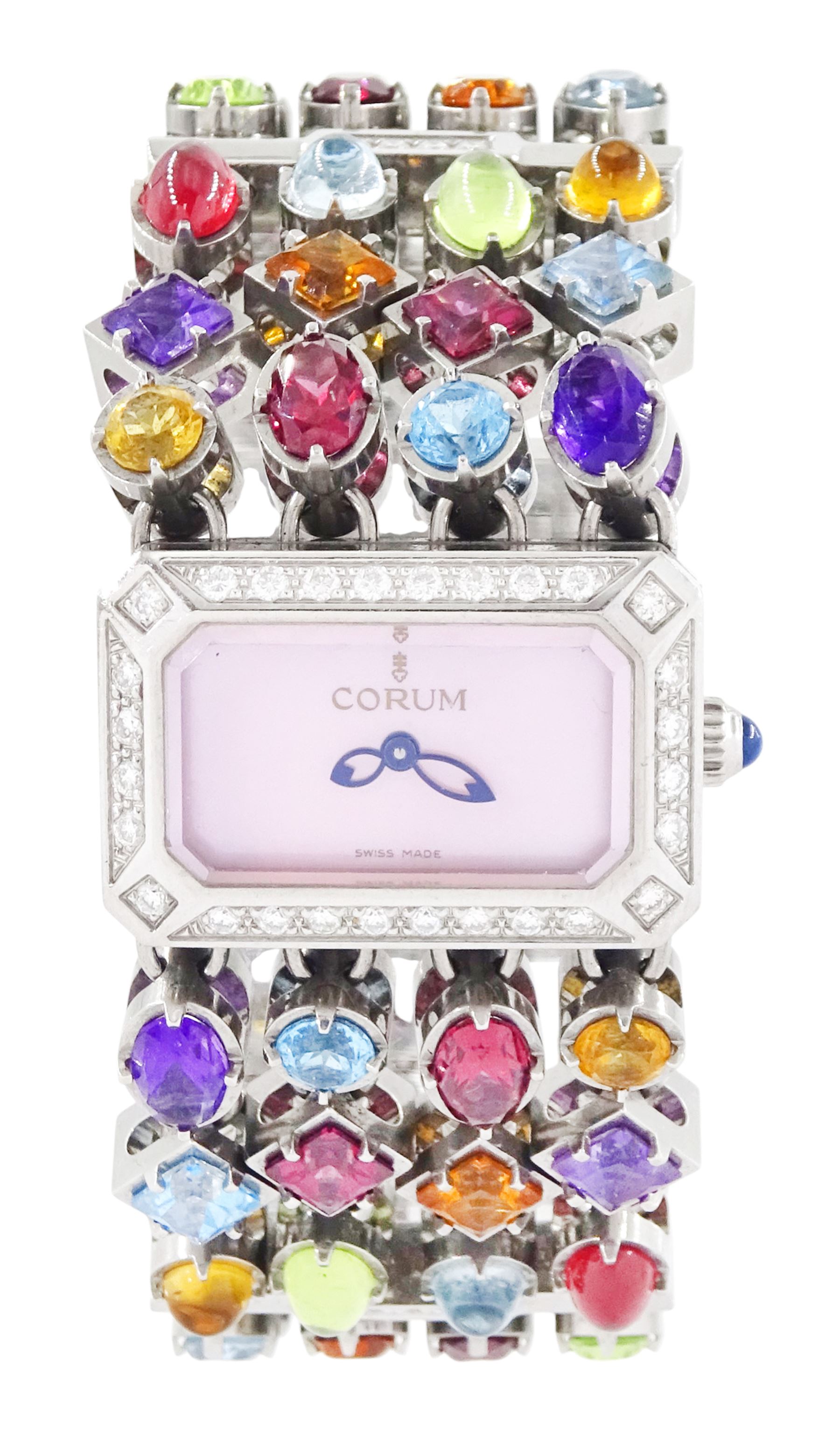 Corum Potpourri ladies stainless steel multi gemstone set quartz wristwatch, Ref. 137.520.47, serial No. 1710972, pink mother of pearl dial, diamond set bezel, on a multi gemstone set bracelet