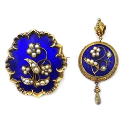  Victorian blue enamel split pearl and diamond forget-me-not  brooch, raised floral boss on blue guilloche enamel ground and  raised border with picture back inscribed ' George Rawdon Earnshaw.Jnr..obt 27th Jan 1841 aged 46 and beneath George Rawdon Earnshaw Snr obt 11 May 1841 aged 75' 4.5cm and a similar picture back pendant  (2)  