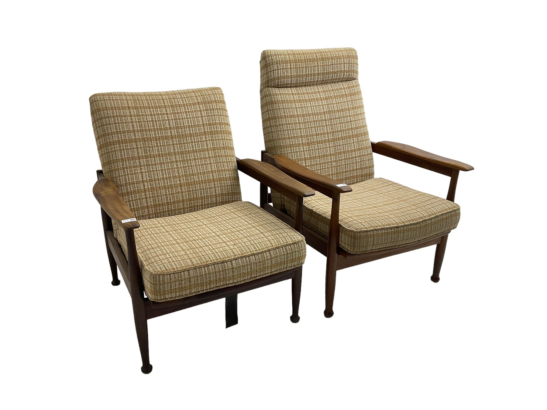 Guy Rogers - pair mid-century 'Manhattan' teak framed open armchairs, upholstered seat and back on turned supports