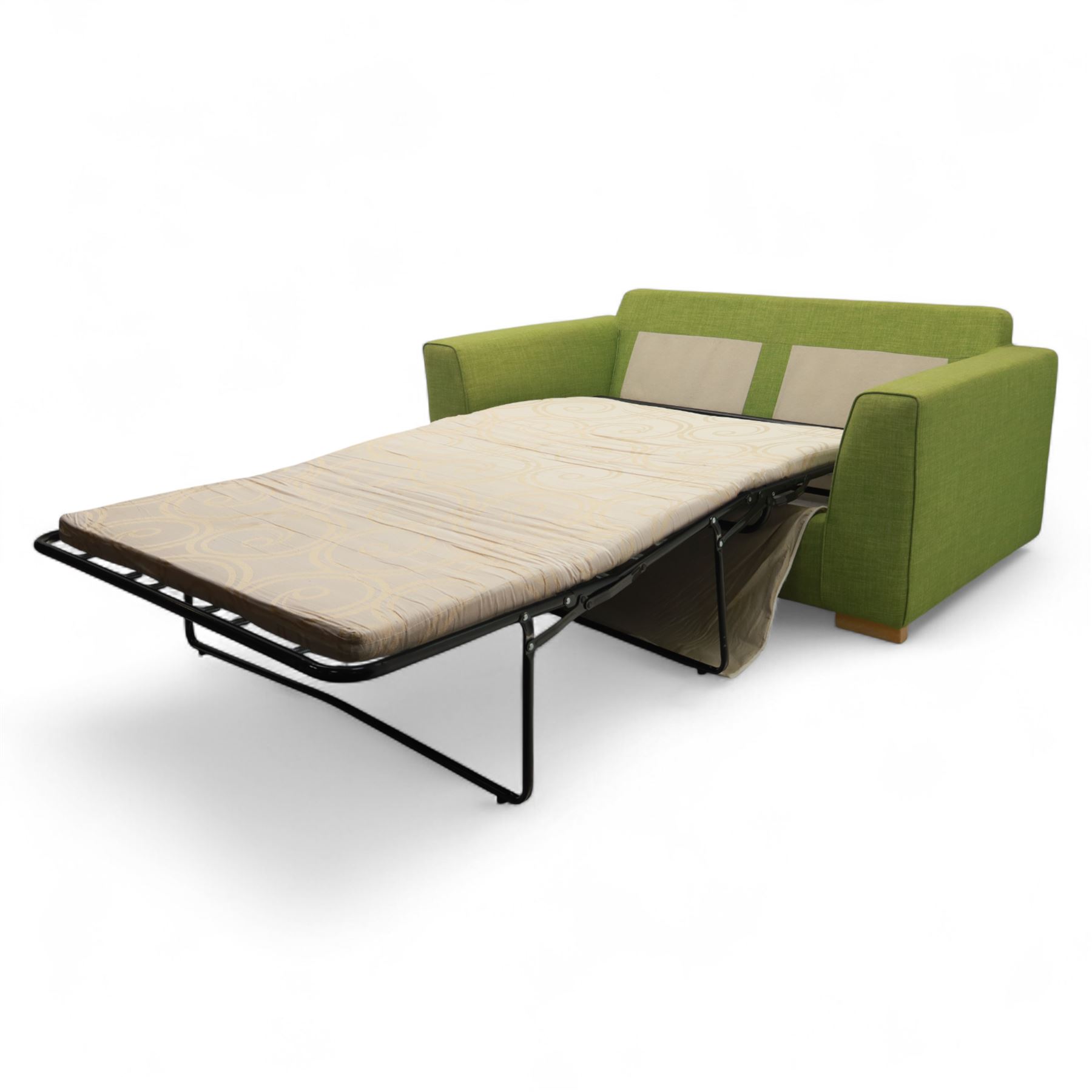Contemporary lime green upholstered sofa bed, with rectangular arms and two seat cushions, the back with two stitched backrest cushions, on low block feet