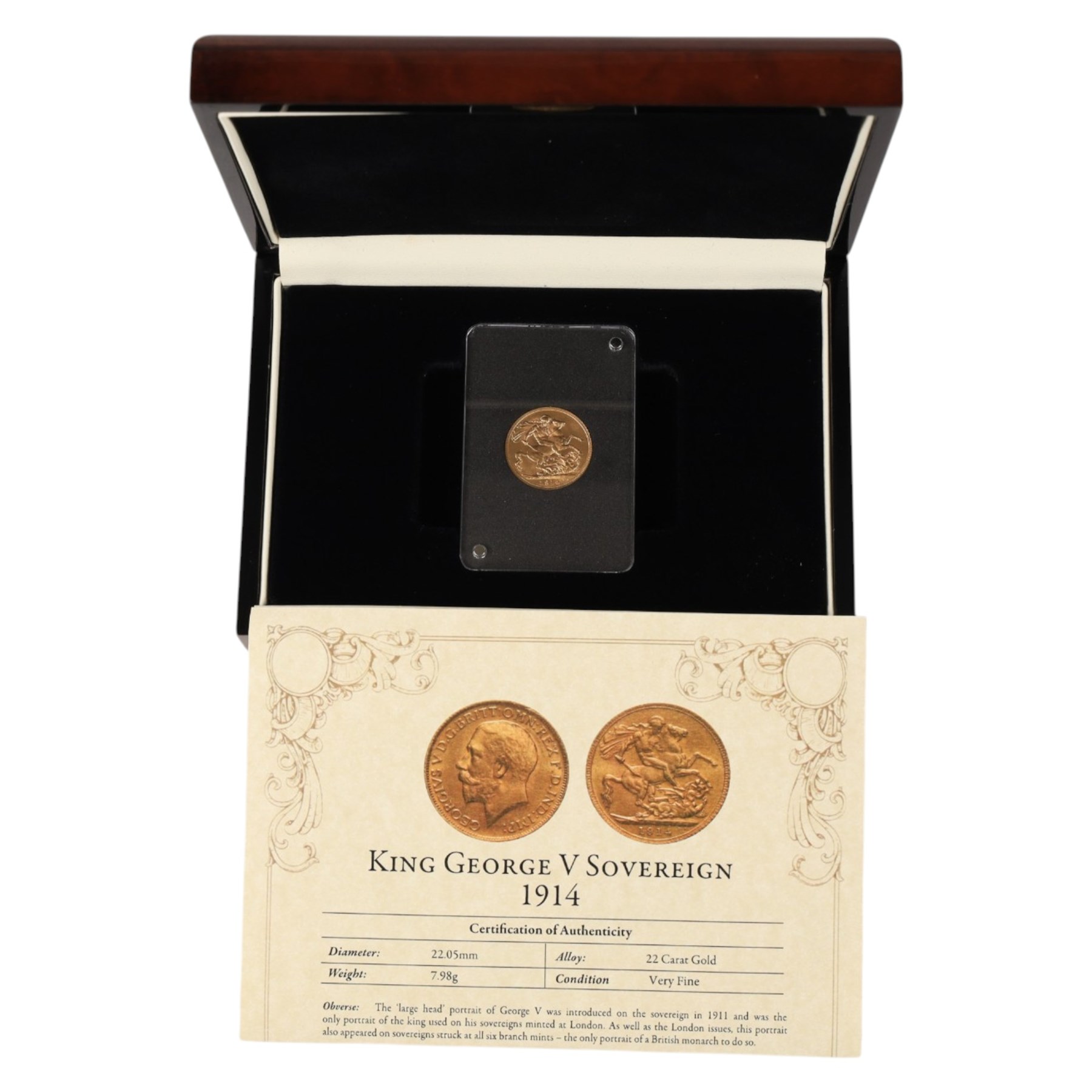 King George V 1914 gold full sovereign coin, in London Mint Office case