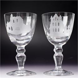Set of six limited edition etched Caithness goblets, depicting the Abbeys of Yorkshire, no 1/100 with original box and certificate of authenticity