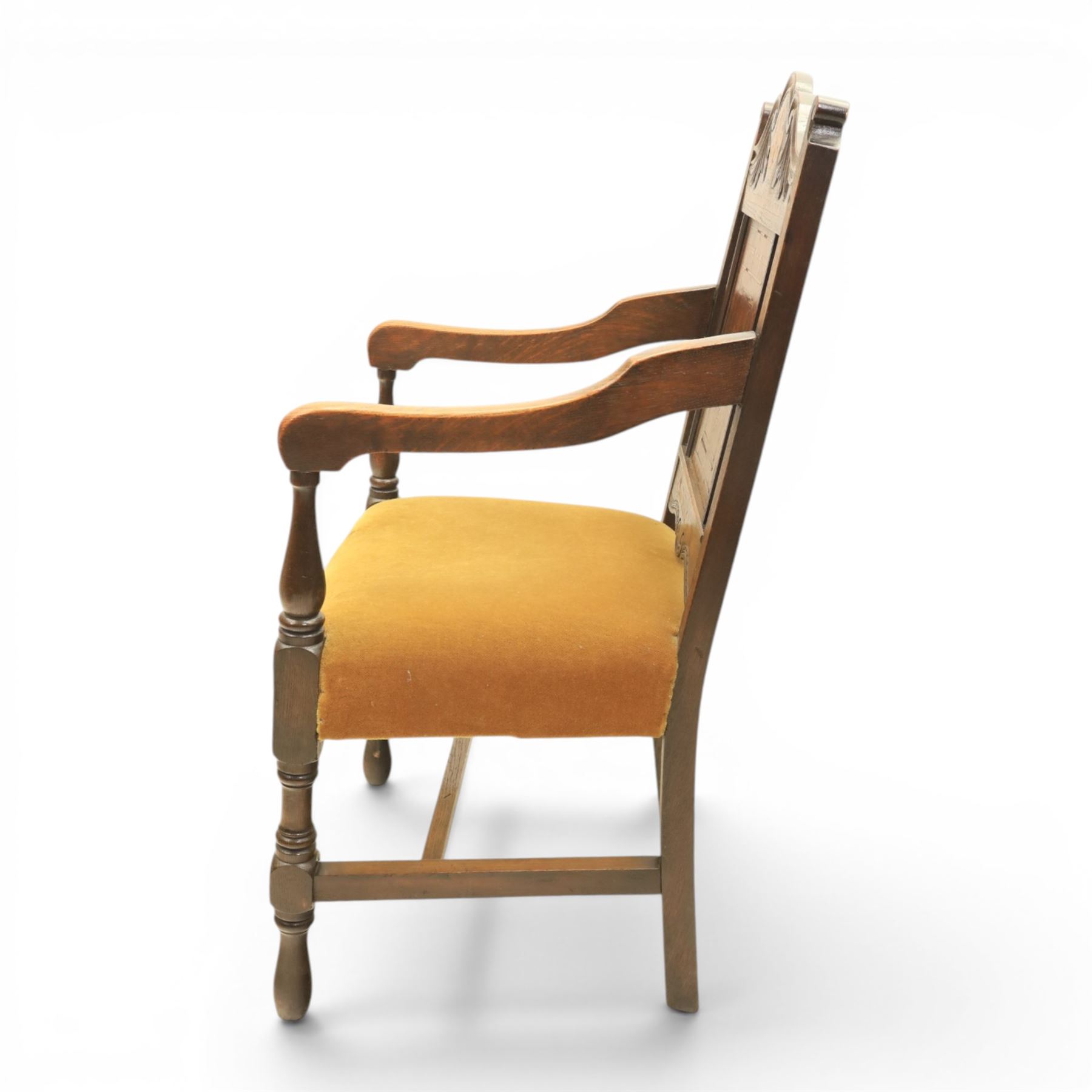 18th century inlaid mahogany armchair, carved back with marquetry panel, overstuffed upholstered seat finished in gold dralon fabric, raised on turned supports united by a stretcher