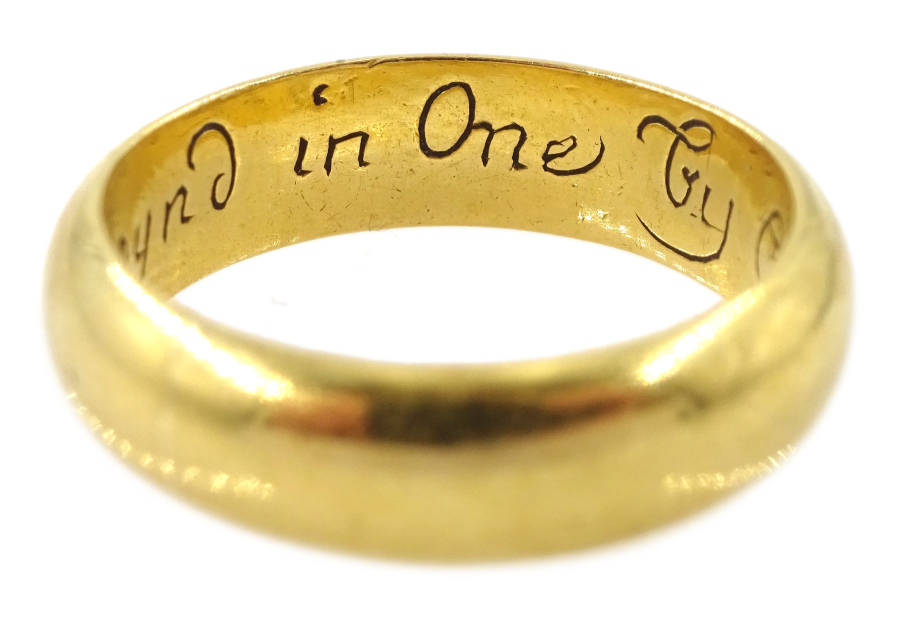 17th / 18th century 20ct gold posy ring, inscribed within 'Joynd in One by Christ alone', crown hallmark, with paperwork