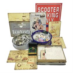 Collection of enamel and collectable badges, costume jewellery, postcards and eight scooter related tin signs, etc