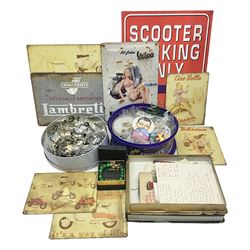  Collection of enamel and collectable badges, costume jewellery, postcards and eight scooter related tin signs, etc