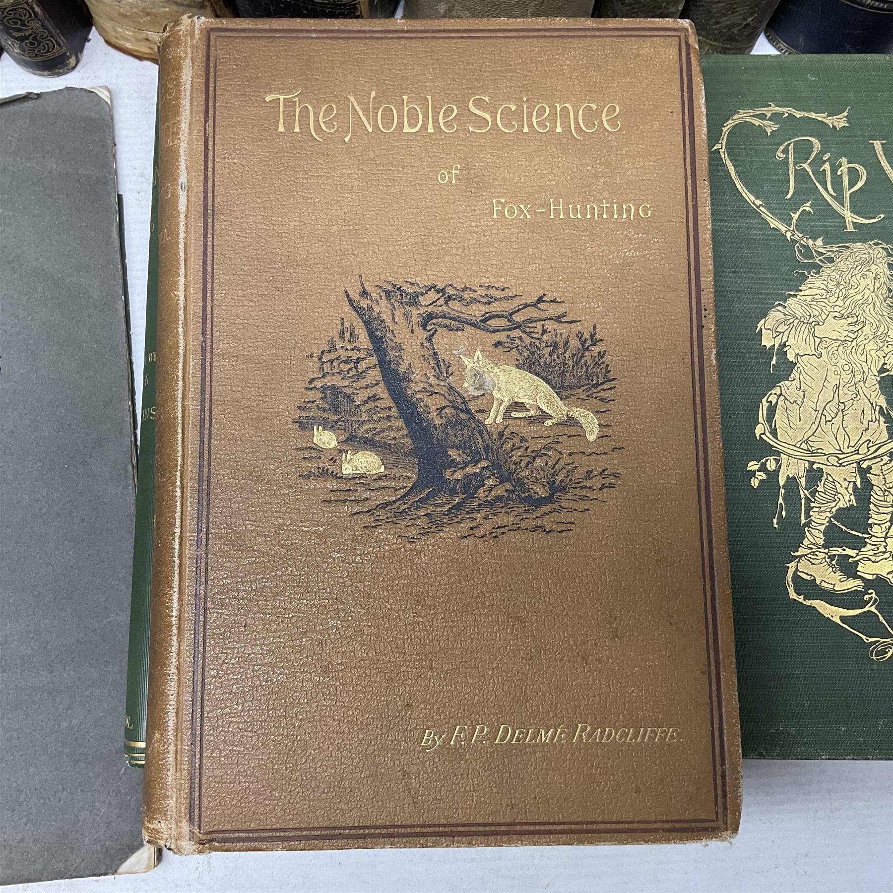 Radcliffe F.P Delme; The Noble Science of fox Hunting, together with Morris Ref F.O; Natural History of British Moths Volume I, Irving Washington, Rip Van Winkel, illustrated by Arthur Rackhan, together with other antique books