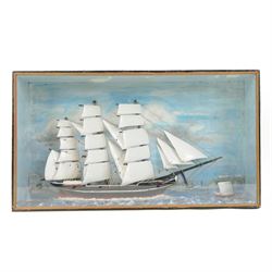 19th century half block ship diorama, depicting a three-masted clipper ship at full sail o...