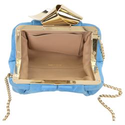 Jimmy Choo 'Cara Sue 164' handbag, with pleated suede body in 'Robot Blue' colourway, with gold tone chain shoulder strap and bow clasp, the leather interior with slip pocket, in Jimmy Choo dust bag with certificate of authenticity, H16cm, w18cm