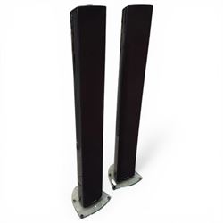 pair of 'Definitive' speakers on glass stands, speakers H120cm