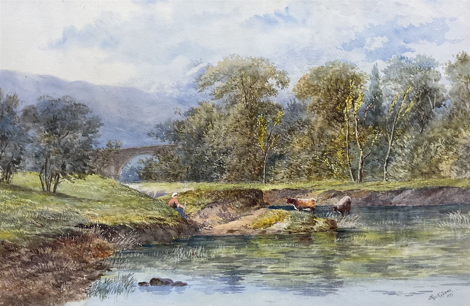 John Rock Jones (British c1836-c1898): 'Weetwood Bridge near Wooler', watercolour signed and dated 1985, titled verso 37cm x 56cm