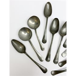 Group of 17th/18th century pewter/latten spoons, comprising five examples with round bowls, two with touch marks to bowls, L18cm, and five examples with partially visible bottom struck touch marks and initials to three terminals, L21cm