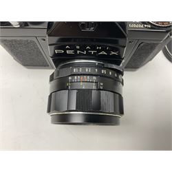 Asahi Pentax S1a camera body, serial no. 707071, with 'Super-Takumar 1:1.8/55' lens, serial no 2124044, together with Asahi Pentax Sv camera body, no. 1925617 with 'Super-Takumar 1:2/55' lens, serial no. 2770153, Asahi Pentax Meter, 'Super-Takumar 1:3.5/28' lens, serial no. 2075492 and 'Super-Takumar 1:4/150' lens, serial no. 1461613  