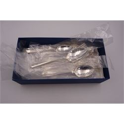 Modern silver Chester pattern flatware for six place settings, comprising table knives, table forks, dessert knives, dessert forks, dessert spoons, soup spoons, teaspoons and two serving spoons, hallmarked United Cutlers Ltd, Sheffield 1998

