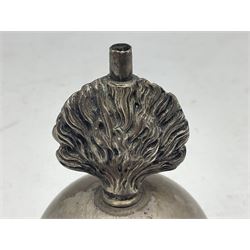 Pre-WW2 German presentation silver mess cigar lighter in the form of a flaming globular grenade with flambe finial inscribed 'Oberleutnant v.Both Reit. Artillerieabtlg. 1 Jnsterburg 1.10.1936' and 'R1' verso; marked 'Moon Crown 835 D. Gadebusch' H10cm